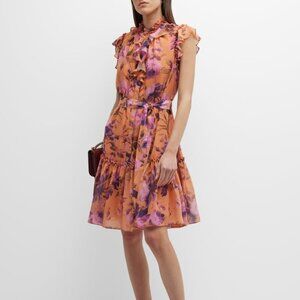 Kobi Halperin Shiloh Floral Ruffle Trim Midi Dress XXL High Neck Button